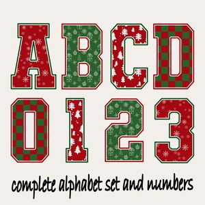 May include: A complete alphabet set and numbers in a festive design. The letters and numbers are outlined in red and green, with patterns including snowflakes, Christmas trees, and gift boxes. The text "complete alphabet set and numbers" is at the bottom.