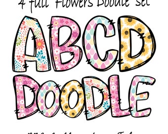 Spring Doodle Letters PNG, Flowers Doodle letters, bright rainbow alpha, floral numbers png, Alpha Set Designs PNG