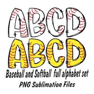 Letras de doodle de béisbol y letras de doodle de softbol PNG, deportes de béisbol, paquete de alfabeto de letras de softbol PNG, descargas de diseños de sublimación