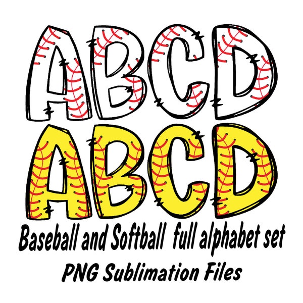 Baseball Doodle Letters and Softball Doodle Letters PNG, Baseball Sports, Softball Letters Alphabet Bundle PNG,Sublimation Designs Downloads