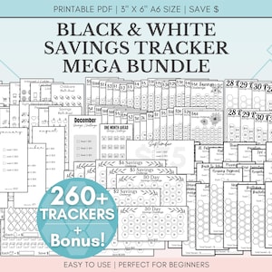 Black and White Savings Challenge Bundle, 260 Savings Trackers Printable, A6 Cash Stuffing Money Saving Challenges