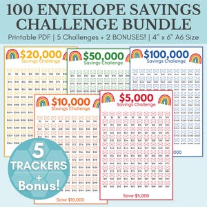 100封筒貯金チャレンジバンドル | 50,000貯金チャレンジ | 5,000 | 10,000 | 20,000 | 100,000貯金トラッカー印刷物 | 節約