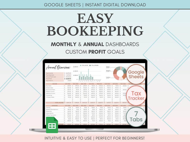 Small Business Bookkeeping Spreadsheet Google Sheets, Income and Expense Tracker, Simple Bookkeeping Template