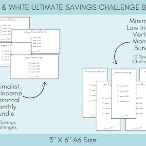 Black and White Savings Challenge Bundle, 260 Savings Trackers Printable, A6 Cash Stuffing Money Saving Challenges