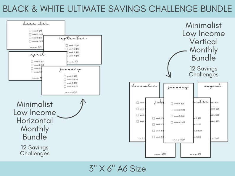 Black and White Savings Challenge Bundle, 260 Savings Trackers Printable, A6 Cash Stuffing Money Saving Challenges