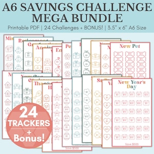 Savings Challenge Printable | Savings Challenge Bundle | A6 Sized Mini Savings Challenge Trackers | 500 Savings Challenge | Set Of 24