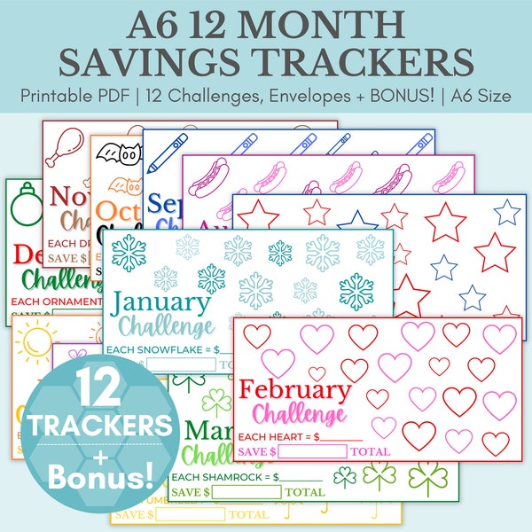 12 Month Savings Challenge Trackers | A6 Mini Savings Challenge Bundle | Savings Challenge Printable | Cash Envelopes | Savings Tracker