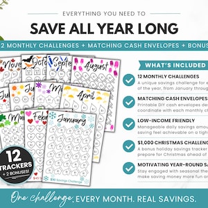 Low income 12 month savings challenge printable bundle with matching cash envelopes, featuring monthly savings trackers for January through December, bonus $1,000 Christmas savings challenge, A6 printable PDF, budget-friendly money saving system, cash stuffing tracker, and year-round savings planner.