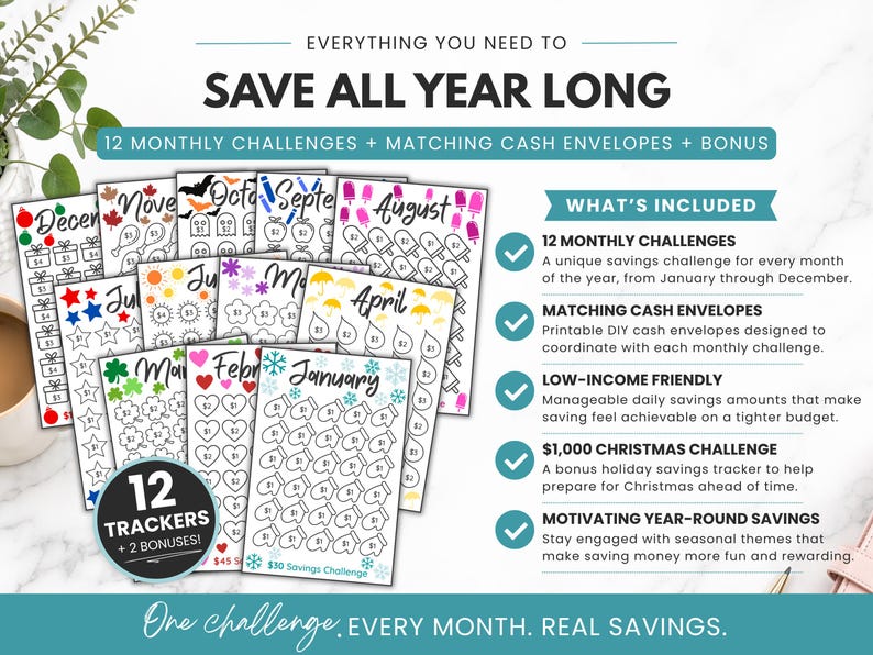 Low income 12 month savings challenge printable bundle with matching cash envelopes, featuring monthly savings trackers for January through December, bonus $1,000 Christmas savings challenge, A6 printable PDF, budget-friendly money saving system, cash stuffing tracker, and year-round savings planner.