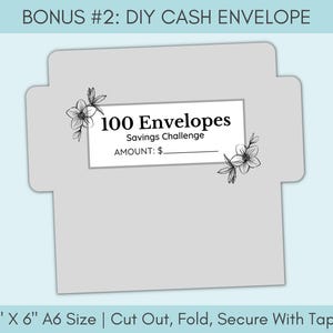 May include: A printable template for 100 cash envelopes, featuring a floral design and the text "100 Envelopes Savings Challenge". The template is 3 inches by 6 inches and is designed to be cut out, folded, and secured with tape.