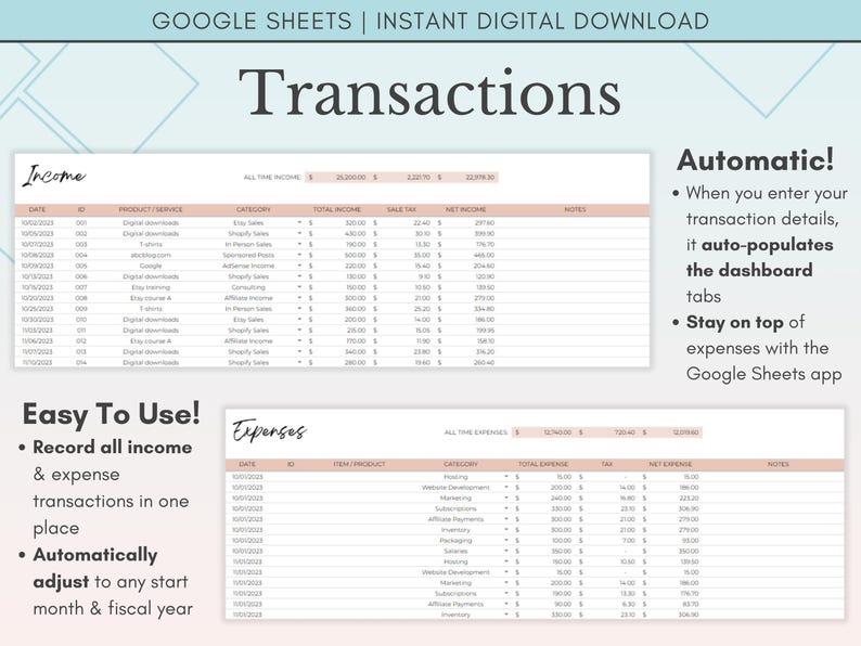 Small Business Bookkeeping Spreadsheet Google Sheets, Income and Expense Tracker, Simple Bookkeeping Template