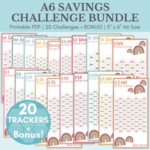 Boho Rainbow Saving Challenges | Savings Challenge Bundle | A6 Sized Mini Savings Challenge Trackers | 1000 Savings Challenge | Set Of 20