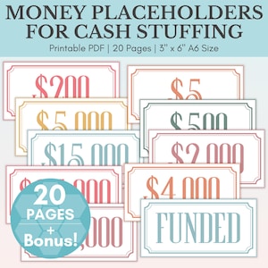 Dollar Bill Platzhalter für Bargeld Füllung | Druckbare Bargeld-Platzhalter | Geld-Platzhalter-Bundle | Haushaltsmappe | A6 Prop Geldkassette