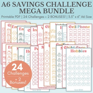 Savings Challenge Printable | Savings Challenge Bundle | A6 Sized Mini Savings Challenge Trackers | 500 Savings Challenge | Set Of 24