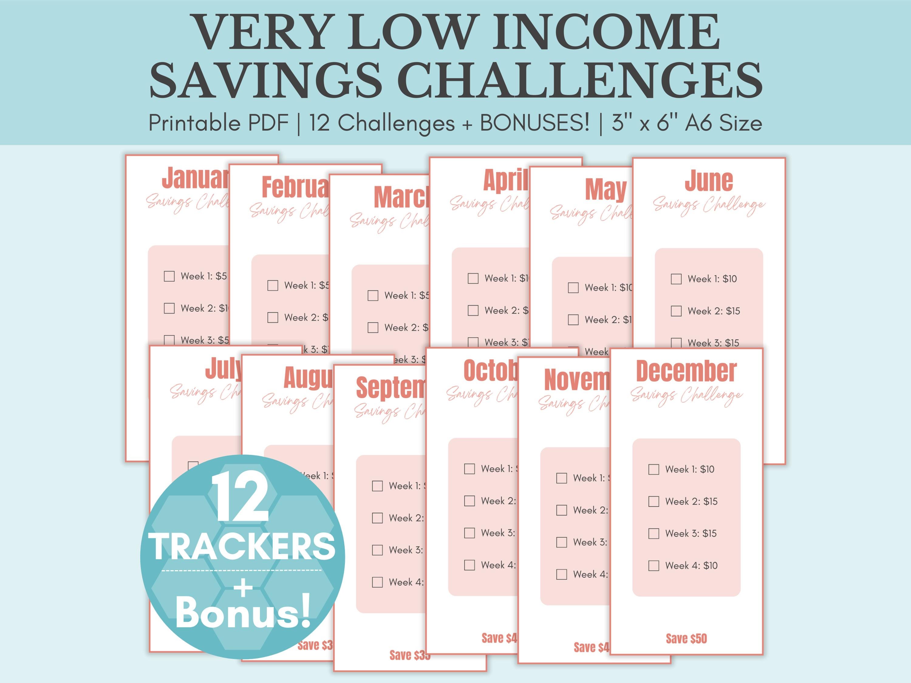Very Low Income Monthly Savings Challenge Bundle | Money Saving Challenge Printables | A6 Sized Mini Savings Challenge Trackers | Digital