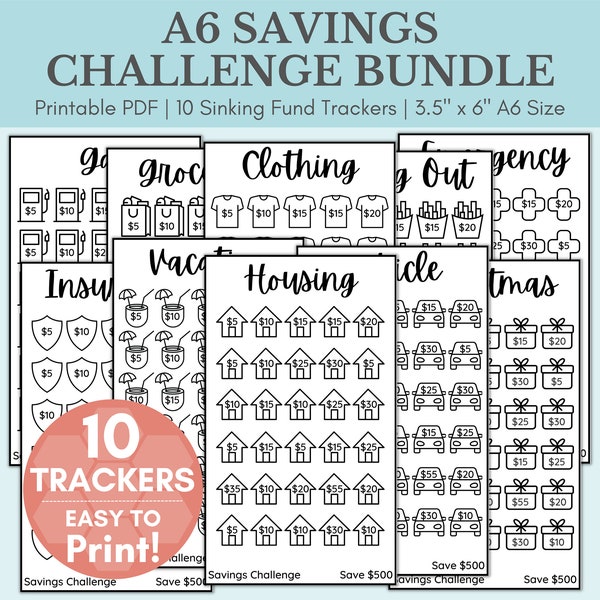 Savings Challenge Printable | Savings Challenge Bundle | A6 Sized Mini Savings Challenge Trackers | 500 Savings Challenge | Set Of 10