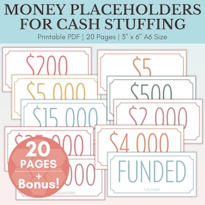 Dollar Bill Placeholders For Cash Stuffing | Printable Cash Place Holders | Money Placeholder Bundle | Budget Binder | A6 Prop Money Cash