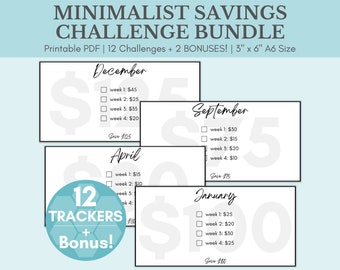 Minimalist Low Income Savings Challenge Printable | Monthly Money Saving Challenge Bundle | A6 Sized Mini Savings Challenge Trackers