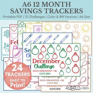 12 Month Savings Challenge Trackers | A6 Mini Savings Challenge Bundle | Savings Challenge Printable | Cash Envelopes | Savings Tracker