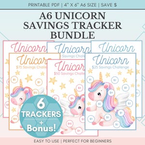 Puede incluir: Paquete de seguimiento de ahorro de unicornio A6 con seis rastreadores y una bonificación. El paquete incluye desafíos de ahorro para 25, 50 y 75 euros. Cada rastreador presenta una ilustración de unicornio y estrellas. El PDF imprimible mide 10,16 cm x 15,24 cm.