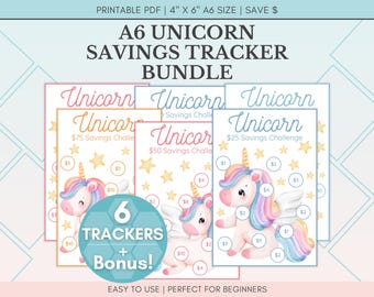 May include: A6 Unicorn Savings Tracker Bundle with six trackers and a bonus. The bundle includes savings challenges for £25, £50, and £75. Each tracker features a unicorn illustration and star accents. The printable PDF is 10.16cm x 15.24cm in size.