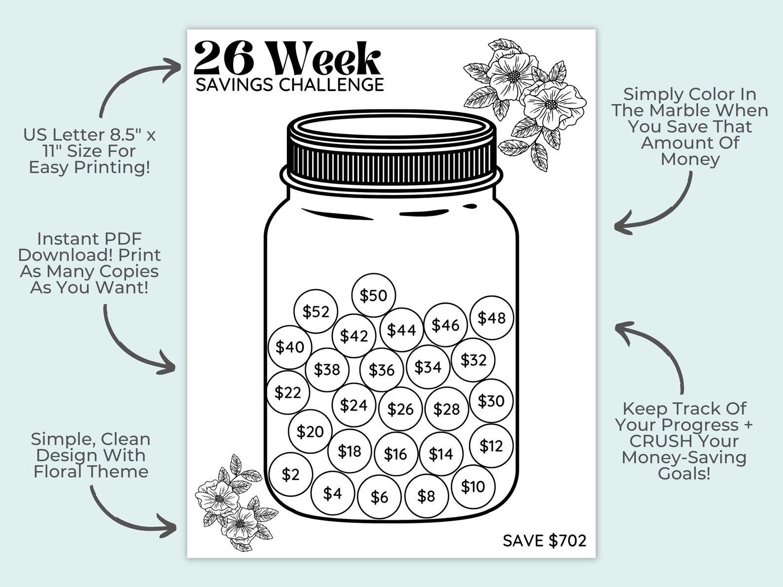 26 Week Savings Challenge Printable