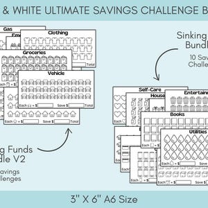 Black and White Savings Challenge Bundle, 260 Savings Trackers Printable, A6 Cash Stuffing Money Saving Challenges