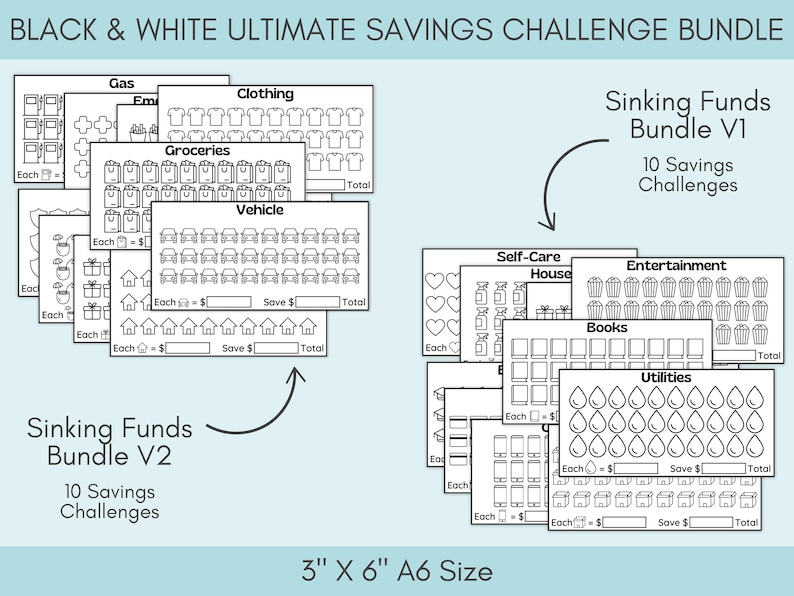 Black and White Savings Challenge Bundle, 260 Savings Trackers Printable, A6 Cash Stuffing Money Saving Challenges