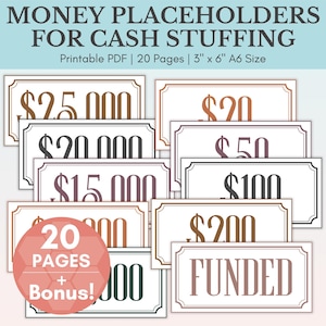 Dollar Bill Placeholders For Cash Stuffing | Printable Cash Place Holders | Money Placeholder Bundle | Budget Binder | A6 Prop Money Cash