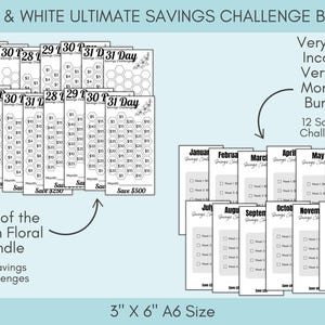 Black and White Savings Challenge Bundle, 260 Savings Trackers Printable, A6 Cash Stuffing Money Saving Challenges