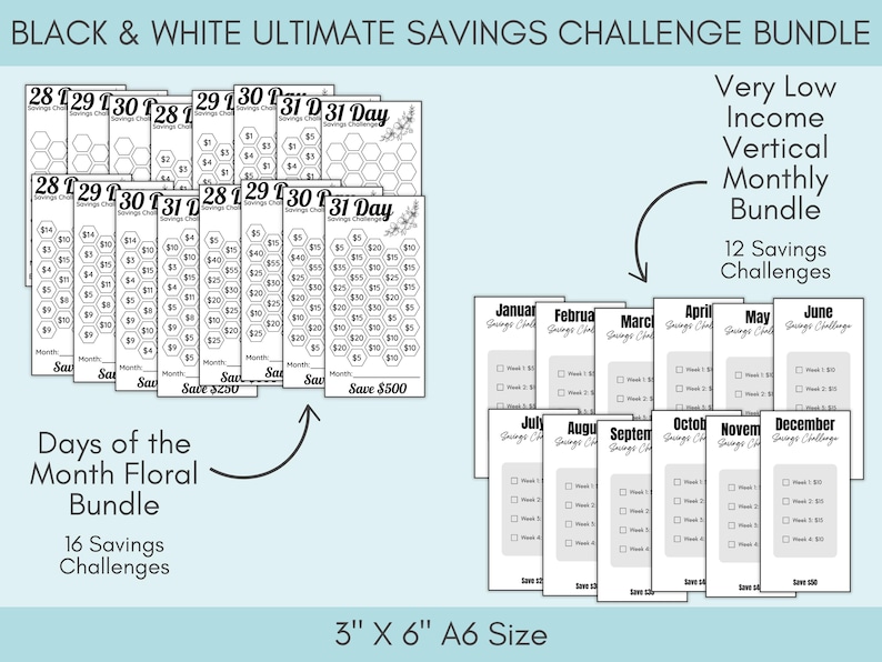Black and White Savings Challenge Bundle, 260 Savings Trackers Printable, A6 Cash Stuffing Money Saving Challenges