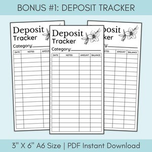 May include: Three printable deposit tracker sheets with a floral design. Each sheet has columns for date, notes, amount, and balance. The sheets are 3 inches by 6 inches and are in A6 size.
