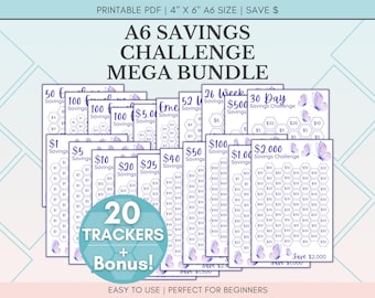 A6 Savings Challenge Mega Bundle, 20 Savings Trackers Printable, Cash Stuffing Money Saving Challenges