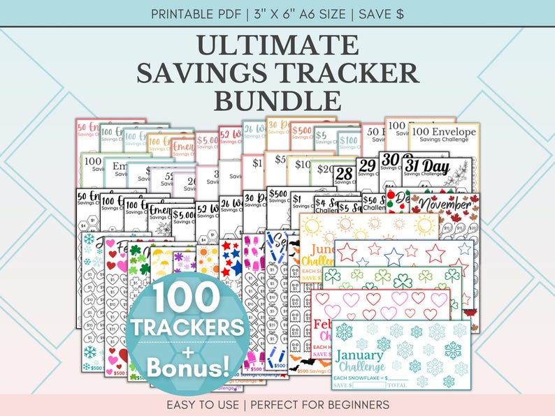 Ultimate Savings Challenge Bundle, 100 Savings Trackers Printable, A6 Cash Stuffing Challenges, Money Saving Tracker