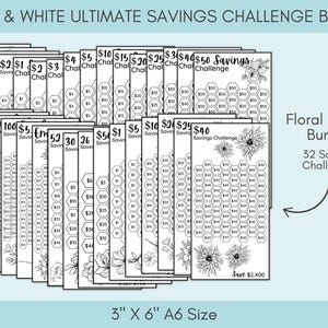 Black and White Savings Challenge Bundle, 260 Savings Trackers Printable, A6 Cash Stuffing Money Saving Challenges