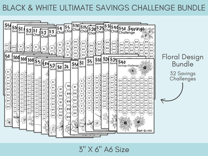 Black and White Savings Challenge Bundle, 260 Savings Trackers Printable, A6 Cash Stuffing Money Saving Challenges