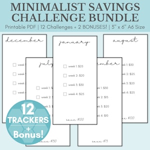 Minimalistische Sparherauswirkung mit geringem Einkommen | Monatliches Geldspar-Challenge-Bundle | A6 Größe Mini Spar-Challenge Tracker