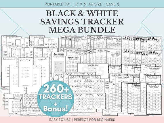 Black and White Savings Challenge Bundle, 260 Savings Trackers Printable, A6 Cash Stuffing Money Saving Challenges