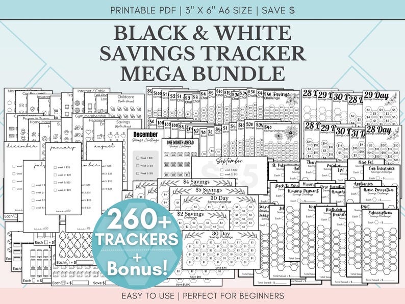 Black and White Savings Challenge Bundle, 260 Savings Trackers Printable, A6 Cash Stuffing Money Saving Challenges
