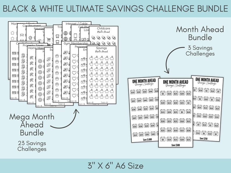 Black and White Savings Challenge Bundle, 260 Savings Trackers Printable, A6 Cash Stuffing Money Saving Challenges
