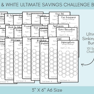Black and White Savings Challenge Bundle, 260 Savings Trackers Printable, A6 Cash Stuffing Money Saving Challenges