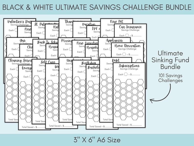 Black and White Savings Challenge Bundle, 260 Savings Trackers Printable, A6 Cash Stuffing Money Saving Challenges