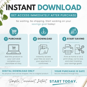 Instant download low income savings challenge printable bundle showing how to purchase, download, and start saving with 12 monthly savings trackers, matching cash envelopes, A6 printable PDF files, digital download product, budget-friendly savings challenge, and cash stuffing savings planner.
