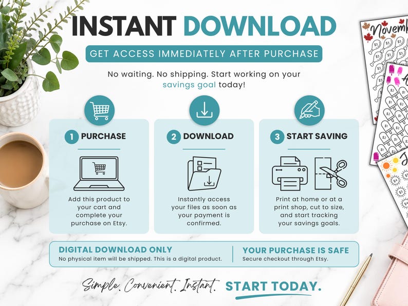 Instant download low income savings challenge printable bundle showing how to purchase, download, and start saving with 12 monthly savings trackers, matching cash envelopes, A6 printable PDF files, digital download product, budget-friendly savings challenge, and cash stuffing savings planner.