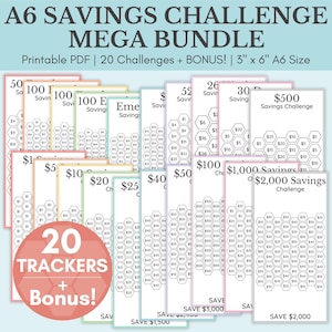 Savings Challenge Printable | Savings Challenge Bundle | A6 Sized Mini Savings Challenge Trackers | 1000 Savings Challenge | Set Of 20