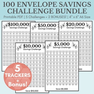 100 Envelope Savings Challenge Bundle | 50,000 Savings Challenge | 5,000 | 10,000 | 20,000 | 100,000 Savings Tracker Printables | Save Money