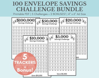 100 Envelope Savings Challenge Bundle | 50,000 Savings Challenge | 5,000 | 10,000 | 20,000 | 100,000 Savings Tracker Printables | Save Money