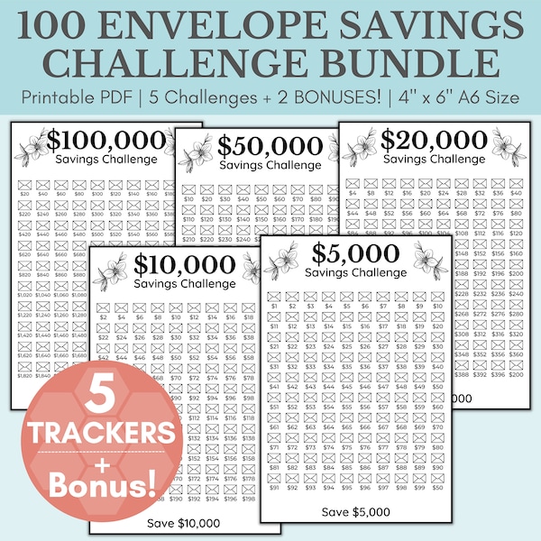 100 Envelope Savings Challenge Bundle | 50,000 Savings Challenge | 5,000 | 10,000 | 20,000 | 100,000 Savings Tracker Printables | Save Money