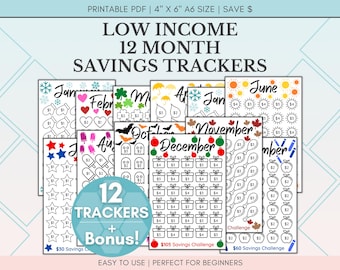 Paquete de ahorro para personas de bajos ingresos, rastreadores de ahorro de 12 meses imprimibles, desafío de ahorro de dinero A6 para llenarse de efectivo