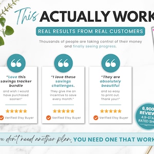 Customer reviews for low income savings challenge printable bundle featuring 12 monthly savings trackers, cash envelope savings system, positive Etsy buyer feedback, 6,900+ shop reviews, budget-friendly savings challenge, printable A6 PDF tracker bundle, and money-saving motivation tools.